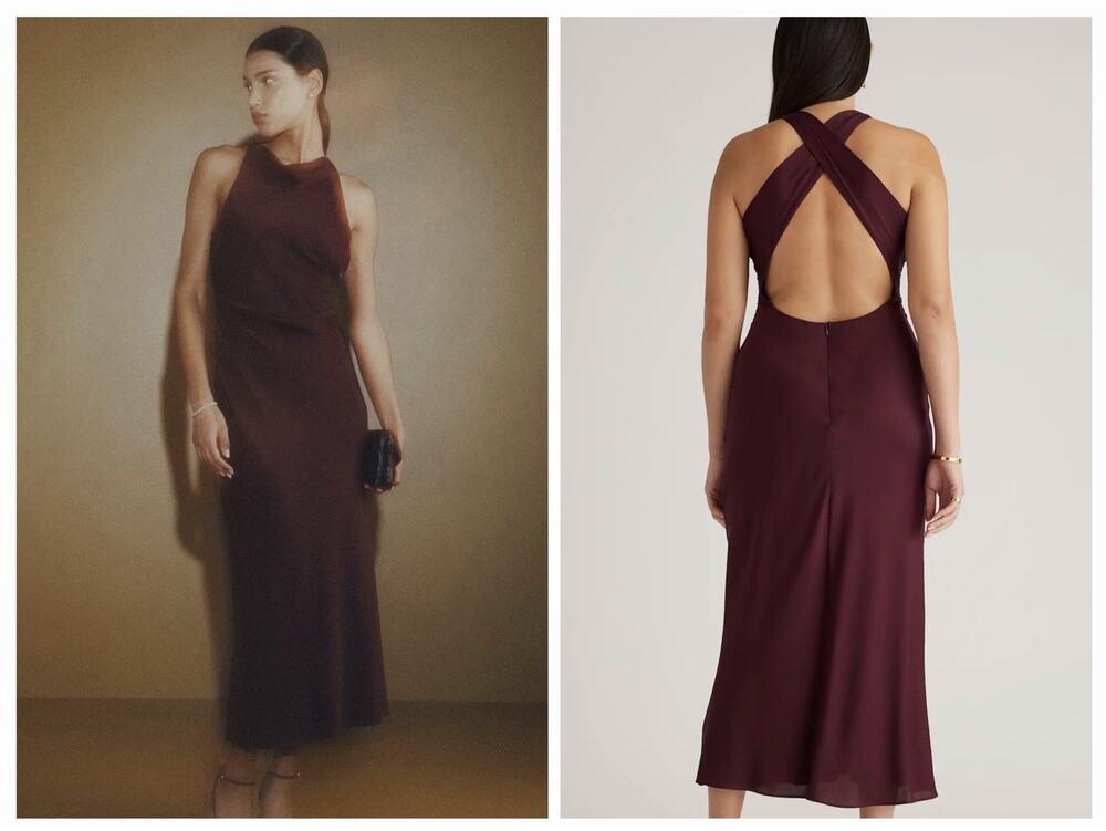 NWT Quince Washable Stretch Silk High Neck Midi Dress •L• Wine Tasting Red $150